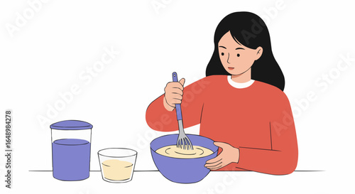 Woman whisking ingredients in a blue bowl, preparing food on an isolated white background.