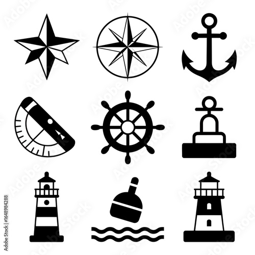 Nautical icons silhouette collection including compass rose anchor lighthouse and steering wheel isolated on white background