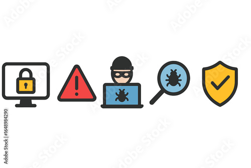 Digital security symbols depicting threats, warnings, and protective measures in technology