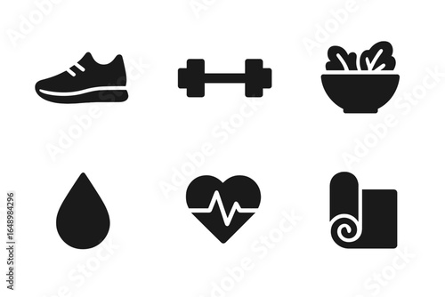 Fitness icons representing a healthy lifestyle choice with workouts, balanced diet, and wellness symbols