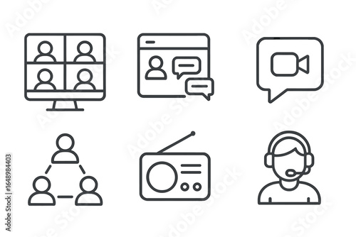 Icons representing various online communication methods including video conferencing, chat, and radio