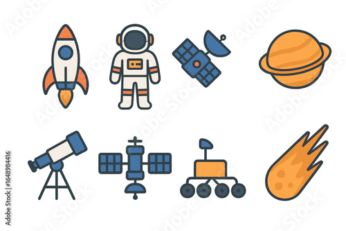 Space exploration icons featuring astronaut, rocket, satellite, and celestial objects in a vibrant design
