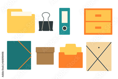 Office supplies layout featuring folders, binders, and storage boxes for efficient organization and productivity