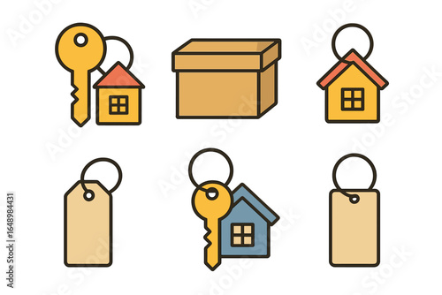 Various house keys and tags with a box, representing home moving and security