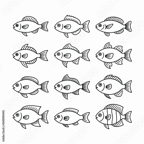 Collection of diverse fish silhouettes isolated on white background