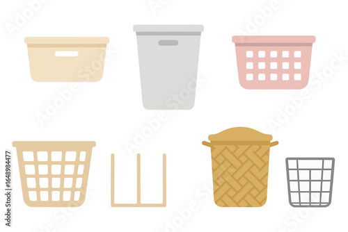Various bin and basket designs arranged in an orderly manner for organizational purposes in a bright domestic setting