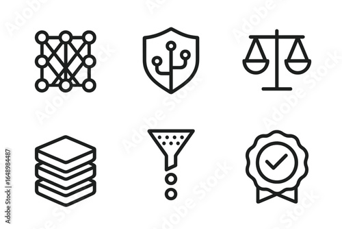 Icons representing technology, privacy, balance, and quality assurance in a digital context illustrating modern data management practices