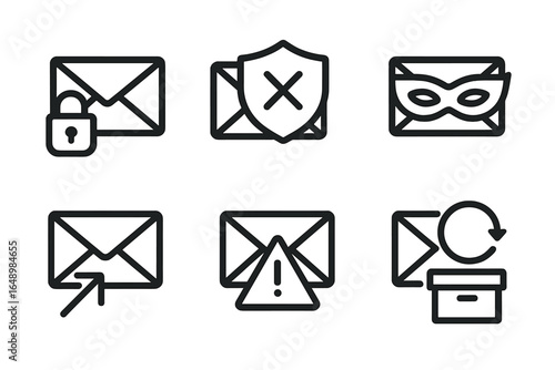 Icons representing various email security concepts including protection, phishing, and spam alerts commonly used in digital communication