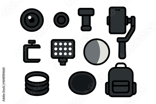 Camera equipment flat icons illustrating essential tools for videography and photography