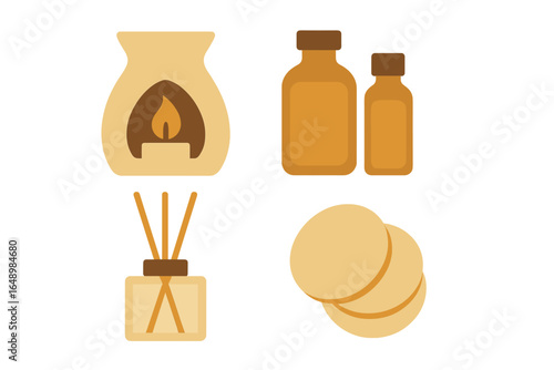 Collection of home fragrance items including oil burners, essential oils, and aromatic discs for relaxation