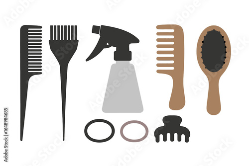 Outline of hair care tools displayed on a flat surface showing a variety of combs and a spray bottle with hair ties nearby