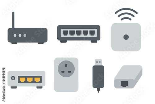 Collection of internet and power connectivity devices on a clean, minimalist background featuring various adapters and routers