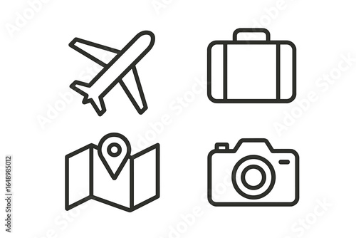 Travel essentials include airplane, suitcase, map, and camera for memorable adventures and exploration