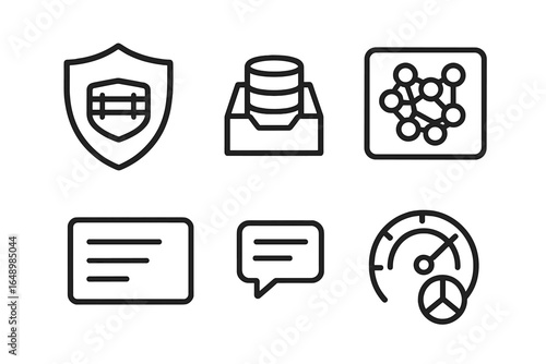 Collection of modern technology icons representing data security, analytics, and communication in a digital environment