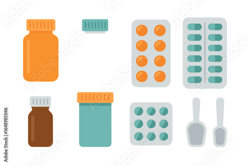 Collection of various medication containers and pill packs in a flat design layout