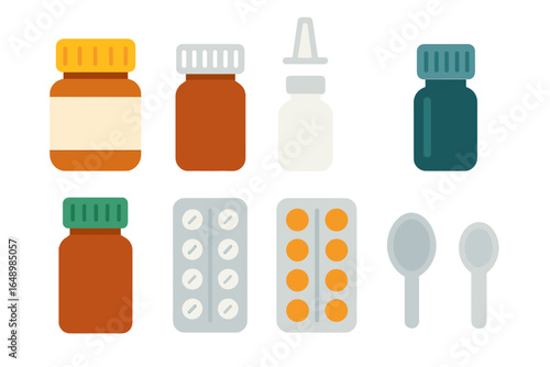 Medication bottles and tablets arranged in a grid on a white background showcasing various types and forms of pharmaceuticals