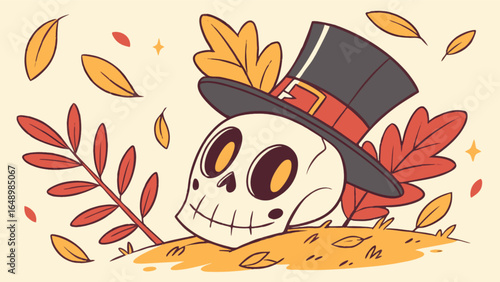 Fall halloween thanksgiving skull pilgrim hat autumn leaves spooky season festive illustration art