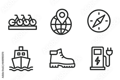 Bicycles, navigation, and transportation icons showcasing diverse travel options and planning methods