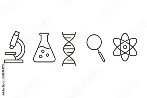 Symbols of scientific discovery and investigation including microscope, flask, DNA, magnifying glass, and atom
