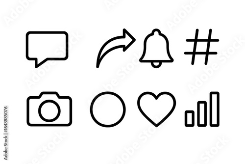 Icon set featuring communication, notifications, and media symbols for digital interaction and engagement
