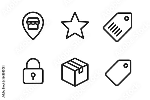 Icons representing various concepts including shopping, security, and labeling for digital applications or interfaces