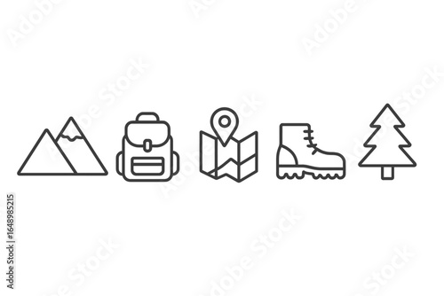 Mountain hiking essentials include backpack, map, sturdy boots, and nature