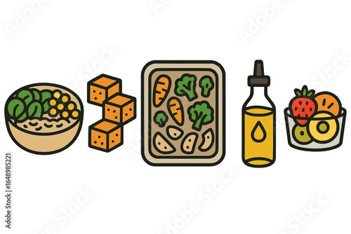 Healthy meal prep featuring fresh vegetables, grains, and sauces for a nutritious weeknight dinner plan