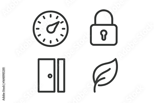 Clock, lock, door, and leaf symbols representing time, security, entry, and nature in a minimalist design