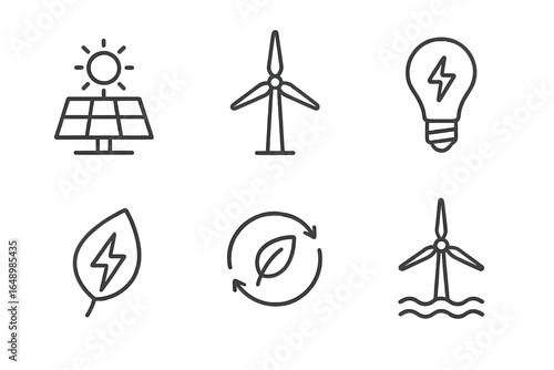Modern renewable energy symbols representing solar power, wind energy, and eco-friendly initiatives in a minimalistic style