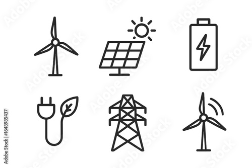 Renewable energy icons representing wind, solar, and battery technologies with eco-friendly themes