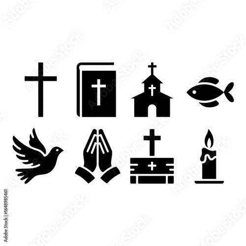 Collection of christian religious symbols silhouette isolated on white background