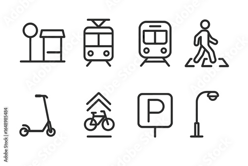 Urban transportation options displayed through simple icons representing various mobility choices in a city setting
