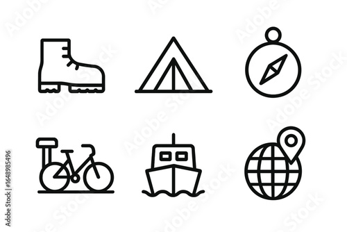 Explore the great outdoors with essential camping and adventure icons showcasing gear, navigation, and activities in nature