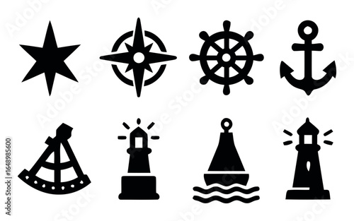 Collection of nautical silhouette icons including a star compass wheel anchor sextant lighthouse and buoy isolated on white background