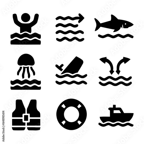 Collection of water safety and marine danger icons silhouette isolated on white background