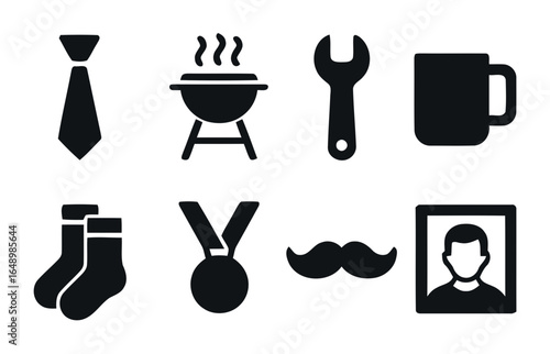 Collection of father s day icons including tie grill wrench mug socks medal mustache and portrait silhouette isolated on white background