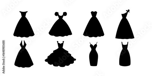 Collection of eight different silhouette dresses isolated on white background