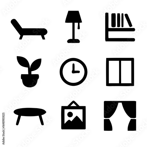 Collection of nine simple black silhouette icons representing home furnishings and decor isolated on white background silhouette
