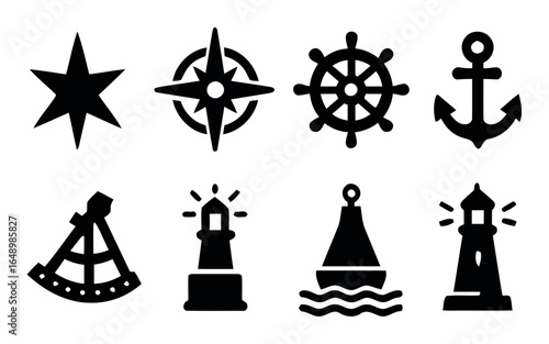 Collection of nautical silhouette icons including a star compass wheel anchor lighthouse and buoy isolated on white background