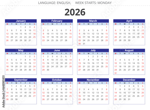 2026 year english annual calendar. illustration. Week starts monday