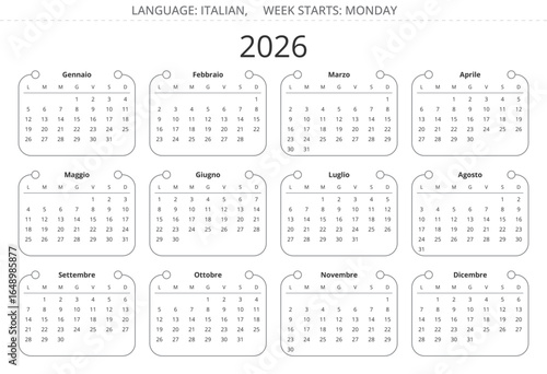 2026 year calendar. Italian language. Vector modern illustration Italy - Calendario
