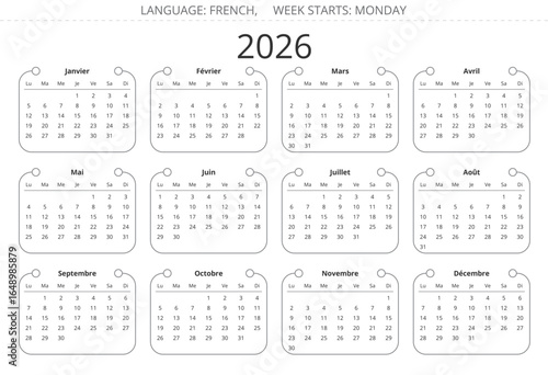 2026 french calendar (Francais calendrier). Vector modern year illustration France