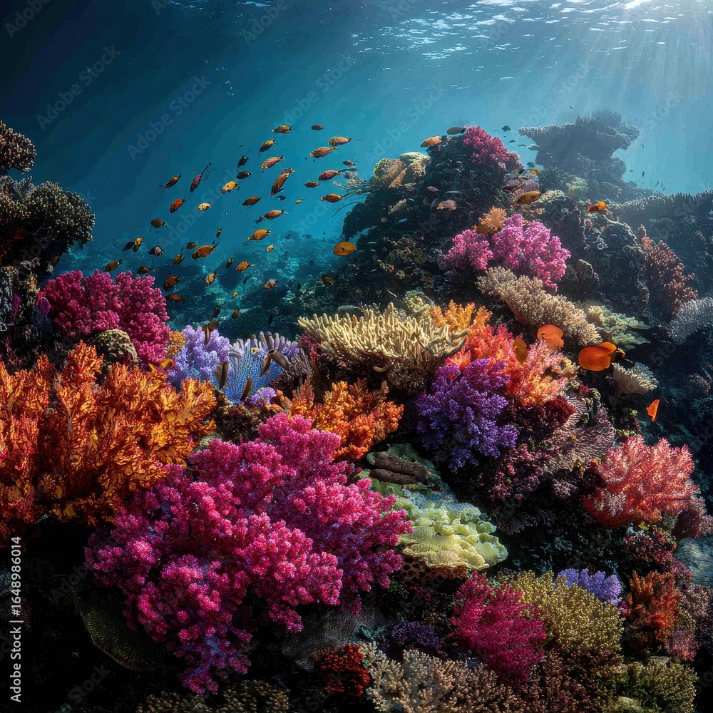Naklejka premium Vibrant coral reef teeming with fish, sunlit ocean background, underwater scene, marine conservation