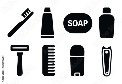 Collection of personal hygiene and grooming items silhouette isolated on white background