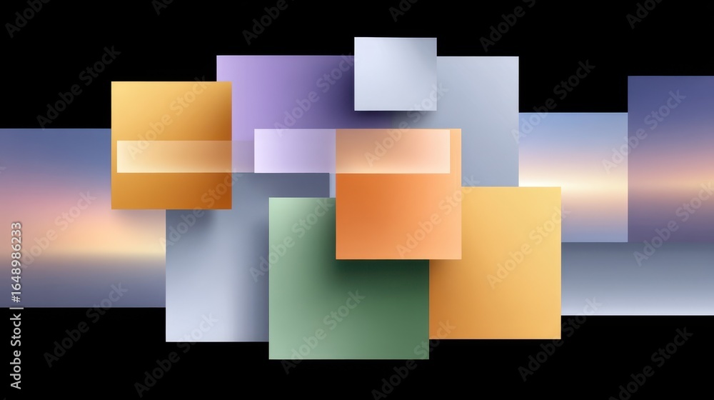 Fototapeta premium Abstract geometric shapes in vibrant colors against a dark backdrop create a modern aesthetic.