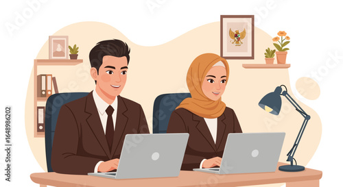 Illustration of a diverse business team, a professional man and a Muslim woman in a hijab working together in a modern office.