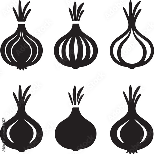 red onion silhouette vector set, black set of garlic bulbs isolated