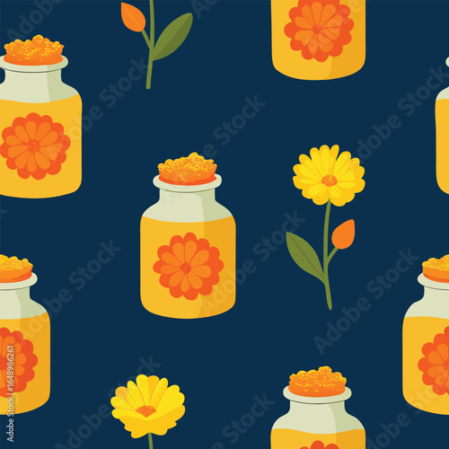 Seamless pattern of marigold flowers and herbal medicine jars on dark blue background