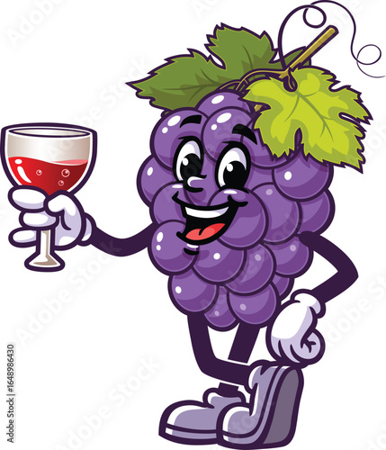 Cartoon mascot of a grape holding a glass of drink