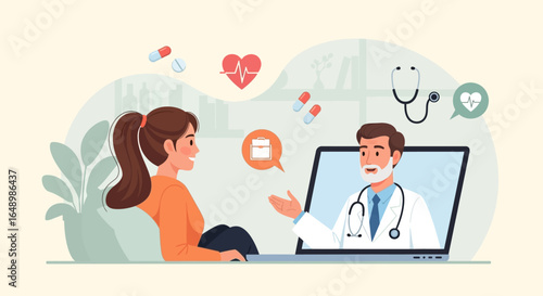 Online Doctor Consultation Patient Speaking with Doctor Via Video Call for Health Advice and Diagnosis